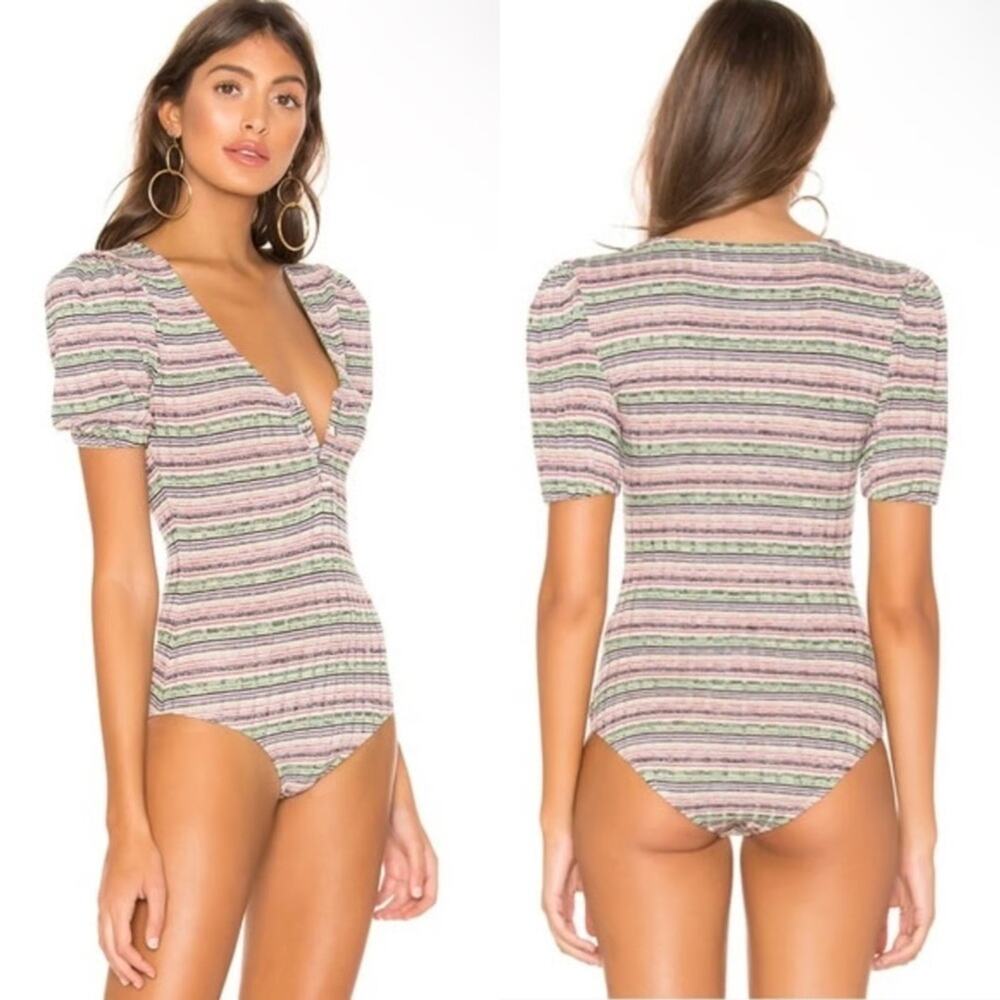 Tularosa Sage Multicolor Stripe Puff Sleeve Summer Bodysuit Size S